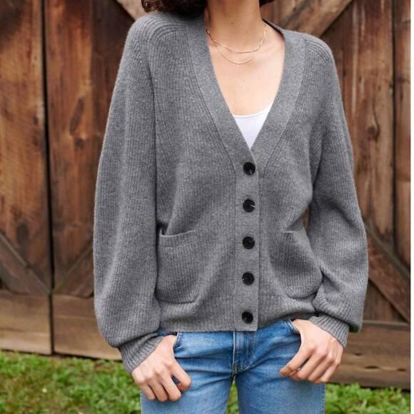 White + Warren Gray Recycled Cashmere Ribbed Button Boyfriend Cardigan S - Picture 1 of 14